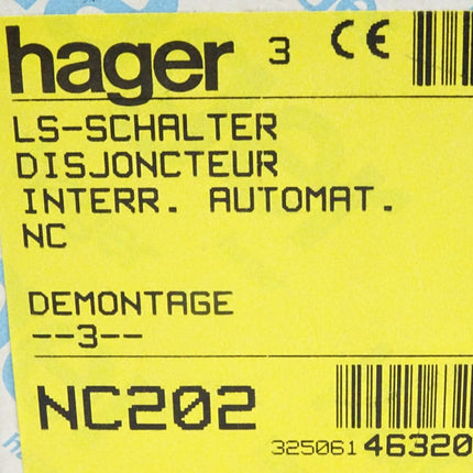 Hager Leitungsschutzschalter NC202 C2 463202 / Inhalt : 1 Stück / Neu