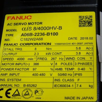 Fanuc Servomotor AiS8/4000HV-B A06B-2236-B100 4000min-1 / Neu