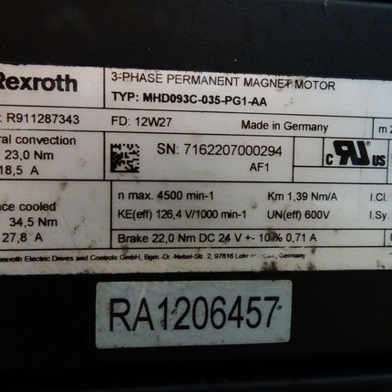 Rexroth 3-Phase Permanent Magnet Motor MHD093C-035-PG1-AA R911287343 4500min-1 Servomotor