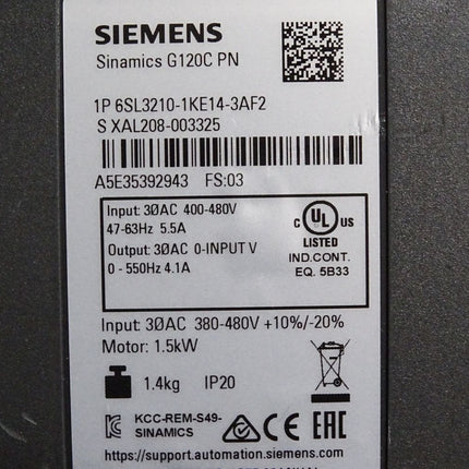 Siemens Sinamics G120C PN 6SL3210-1KE14-3AF2 1.5kW