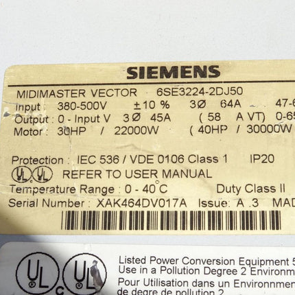 Siemens MIDIMASTER Vector 6SE3224-2DJ50 22kW 15kW