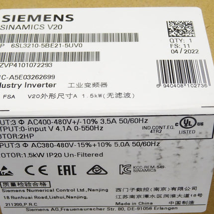 Siemens Sinamics V20 6SL3210-5BE21-5UV0 6SL3 210-5BE21-5UV0 / Neu OVP versiegelt