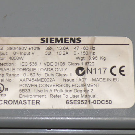 Siemens 6SE9521-0DC50 Micromaster Frequenzumrichter 4kW 6SE9 521-0DC50 NEU